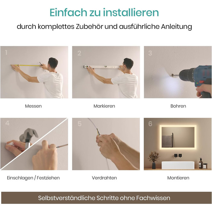 Дзеркало для ванної кімнати EMKE® з підсвічуванням 80x60 см, тепле біле світло 3000K, вимикач, вертикальна/горизонтальна установка, IP44, енергозберігаюче