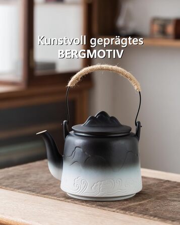 ZENS Design Japanese Teapot, 1000ml Gradient Embossed Japanese Teapot Ceramic with Built-in Strainer and Hemp Rope Handle for Loose Tea Steeper, Gift for Tea Lovers, Black & Bean Green (Black & White, 1000ml Teapot)