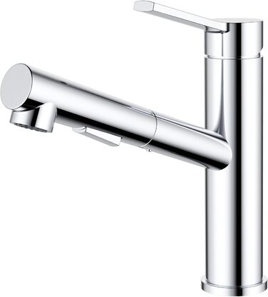 Змішувач кухонний DAYONE з висувною лійкою, нержавіюча сталь, 3 режими, 360° обертання, для кухонної мийки (15 см), матовий (хром, низький вигин-337)