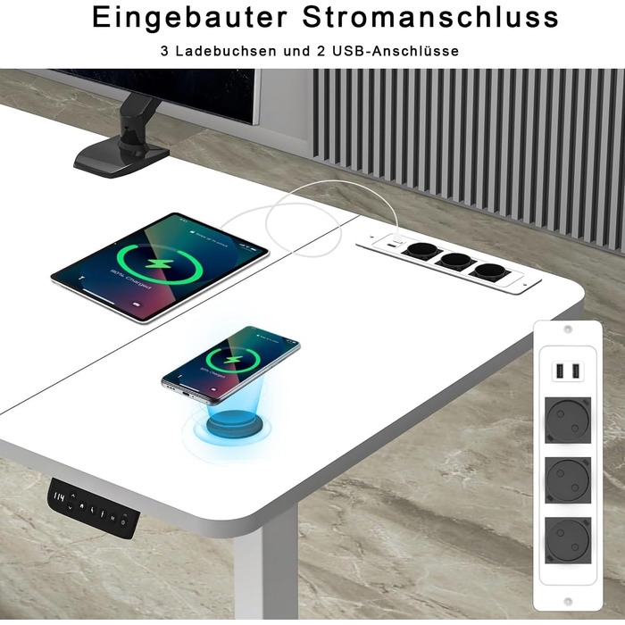 Devoko Adjustable Standing Desk with Wireless Charger, Memory Settings, USB Ports & Wheels - 160x80cm