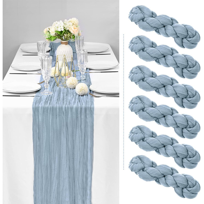 Showgeous 6-Piece Cheesecloth Table Runner Dusty Blue, 90 x 300 cm Table Runner Boho Style Rustic Gauze Fabric Table Decoration for Vintage Wedding, Birthdays, Baby Shower, Holiday Party