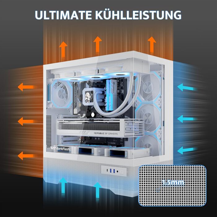 Ігровий корпус darkFlash LAND451 Midi Tower ATX (Білий) — підтримка BTF-материнських плат, вертикальна установка відеокарти RTX 5090 (до 420мм), Type-C, підтримка двох 360мм СРО, панорамний огляд