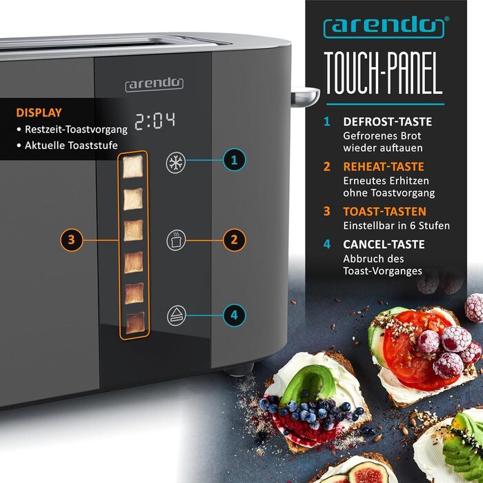 Тостер Arendo з нержавіючої сталі, 2 відділення, довгий проріз, сенсорний дисплей, подвійні стінки, насадка для тостів, 6 ступенів підсмажування, центрування хліба, індикатор часу, функція пам'яті, чорний (B: Cool Grey)
