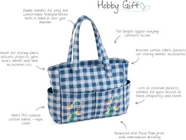 Crafting Kit Bag, Cotton, 13 x 36 x 31cm (Checkered pattern with wildflowers)