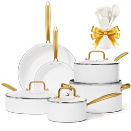 Набір посуду RIOVARM з нержавіючої сталі з антипригарним покриттям, 10 предметів. Набір каструль, сковорідок, сотейників та соусниць з лопаткою. Білий посуд для кухні.