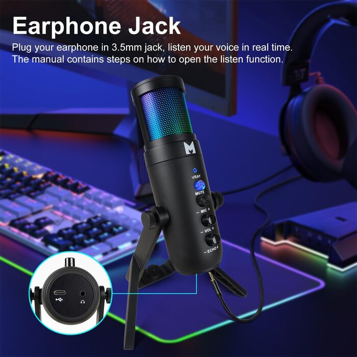 USB мікрофон для ПК, геймінгу, стрімінгу, подкастів та запису голосу. RGB-підсвітка, сумісний з телефоном, ПК, PS4, PS5 та Mac