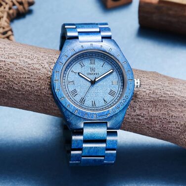 Чоловічий дерев'яний годинник Uwood серії Uw1001blue: ручна робота, кварцовий механізм, аналоговий циферблат, римські цифри, сандалове дерево, вінтажний стиль