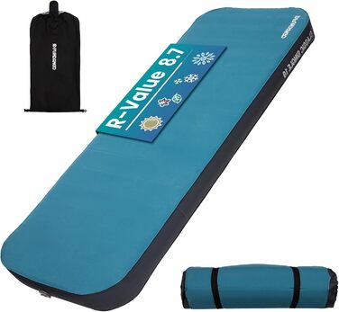 Килимок для кемпінгу Fundango самонадувний, 9.5 R-значення, піна-пам'ять, 10 см товщина, 3D посилення, м'яка оксамитова поверхня, для намету, подорожей на авто (одинарний та подвійний розмір)