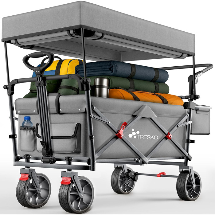 Трьохколісний візок TRESKO® Bollerwagen з дахом, кишенькою-холодильником та боковими шторками | Вантажопідйомність до 150 кг | З повного гумового покриття коліс та гальмами (передніми та задніми) та 3-точковим ременем безпеки (зелений, сірий)