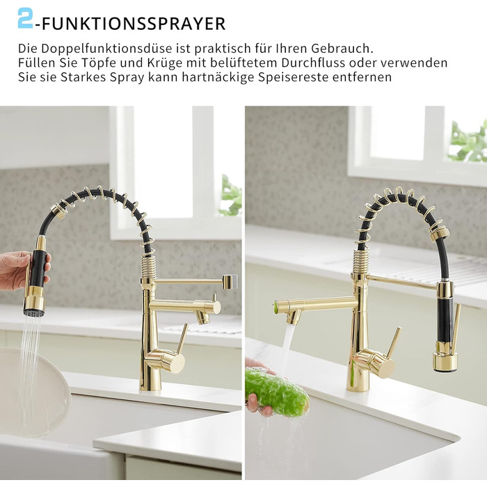 Змішувач кухонний LED з висувною насадкою, 360° поворот, 2 виходи, хром, для кухні, високий тиск, з підсвіткою, преміум-якість