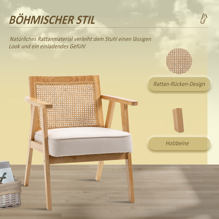 HOMCOM Armchair Living Room Relaxer with Armrests, Seat Cushion, Lounger with Rattan Backrest, Reading Chair with Linen Look, Wooden Frame, Upholstered Armchair for Bedroom in Cream | Aosom