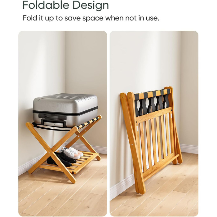 Fully assembled bamboo luggage rack with 5 straps, 2-tier foldable suitcase stand, wide wooden luggage rack, foldable luggage shelves, ideal for guest rooms, bedrooms, hotels