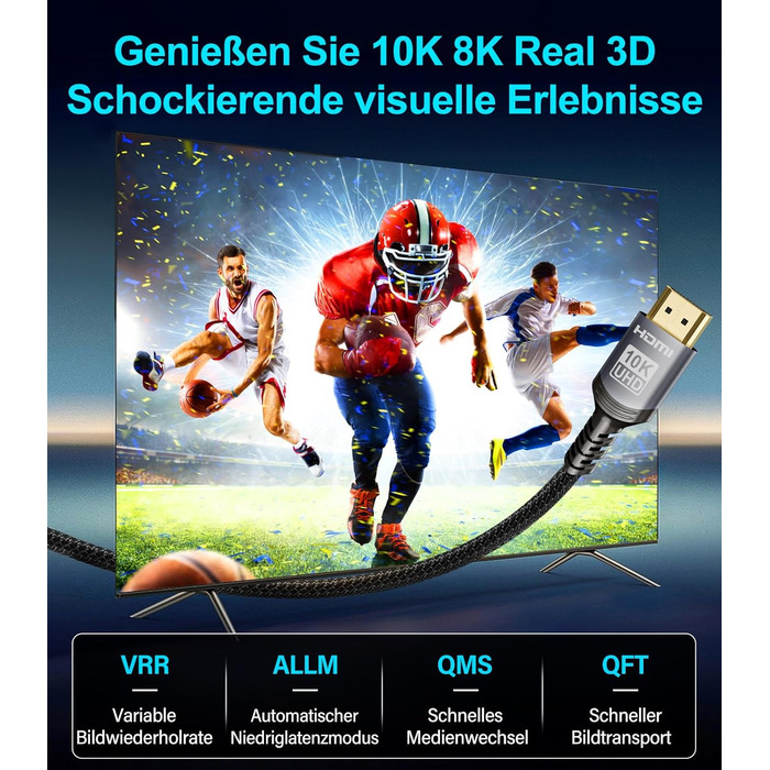 HDMI 2.1 кабель Snokco 10K 8K 3 метри, сертифікований, 48Gbps, Ultra High Speed, 4K 240Hz, 8K 60Hz, eARC, HDCP 2.3, DTS:X, HDR10+, для TV, монітора, проектора, Roku, PS5, X-box