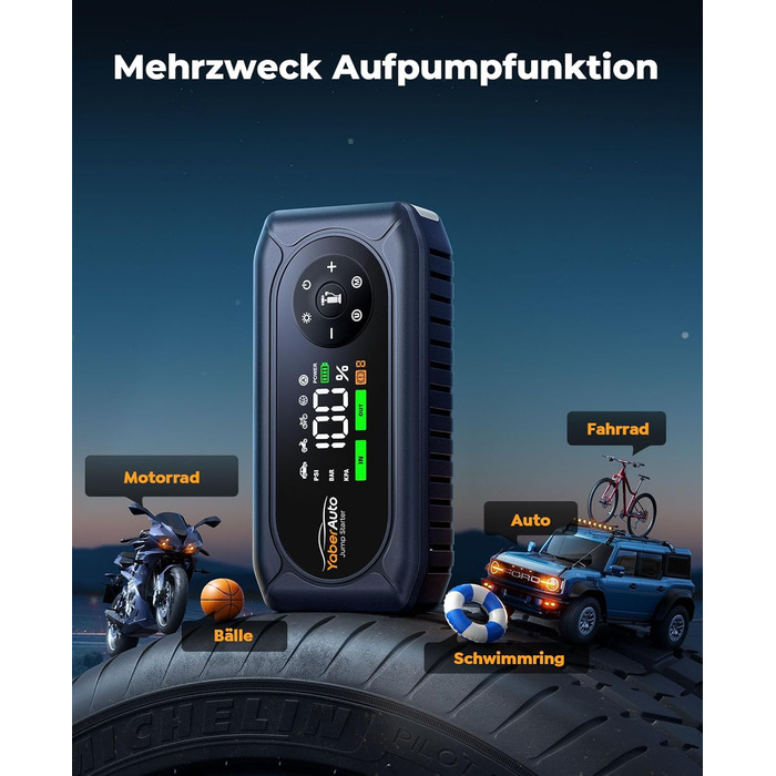 Powerbank для автомобіля YaberAuto AP02 з компресором, 150PSI, 4500A, для бензинових двигунів до 9.0L та дизельних до 8.0L, LED ліхтар 500 Lumen (4 режими), LCD дисплей 3.3