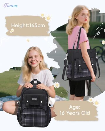 Шкільний рюкзак Tanou для дівчаток-підлітків, великий набір з сумкою через плече, в клітинку, 26л (чорний)