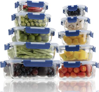 Набір скляних контейнерів для зберігання їжі з кришками з преміум-пластику, 10 шт., блакитні