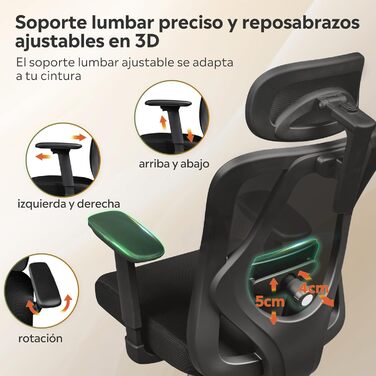 Офісне крісло Devaise: ергономічне крісло з регульованою підголівником та поперековою підтримкою, 3D-підлокітники, 3-рівневий нахил, дихаюча сітчаста тканина для дому та офісу (Чорний)