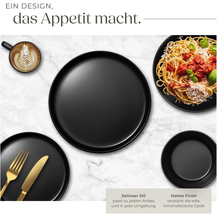 Набір посуду tectake® на 6 осіб, 30 предметів, чорний, з тарілок, мисок, глибоких тарілок та салатників