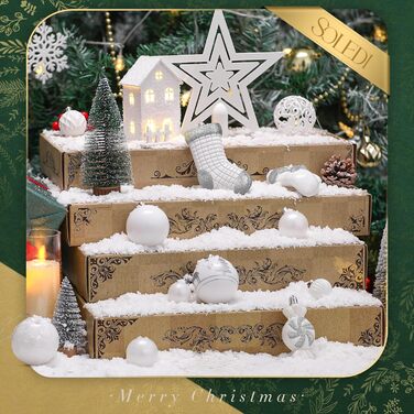 Набір ялинкових прикрас SOLEDI® 128 шт. Преміум якість, пластикові кулі білого кольору з зіркою на верхівку. Міцний та безпечний набір прикрас з петельками. Різнокольорові ялинкові кулі, багаторазовий декор для Різдва.