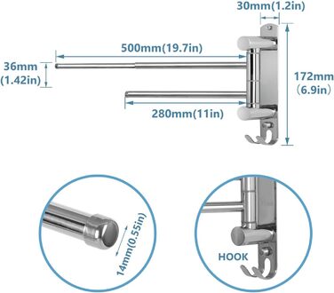 Кріплення для рушників JSVER поворотне на 180°, з нержавіючої сталі 304, 3 висувні ручки до 50 см, для кухні, ванної кімнати, гардеробу (срібло)