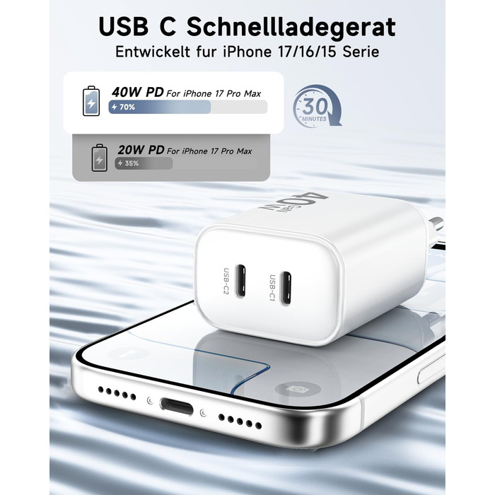 Зарядний пристрій 2x40W USB-C для iPhone 17 Pro Max/Pro/16/15 Plus, iPad Pro/Air, з кабелем 2м (Білий)