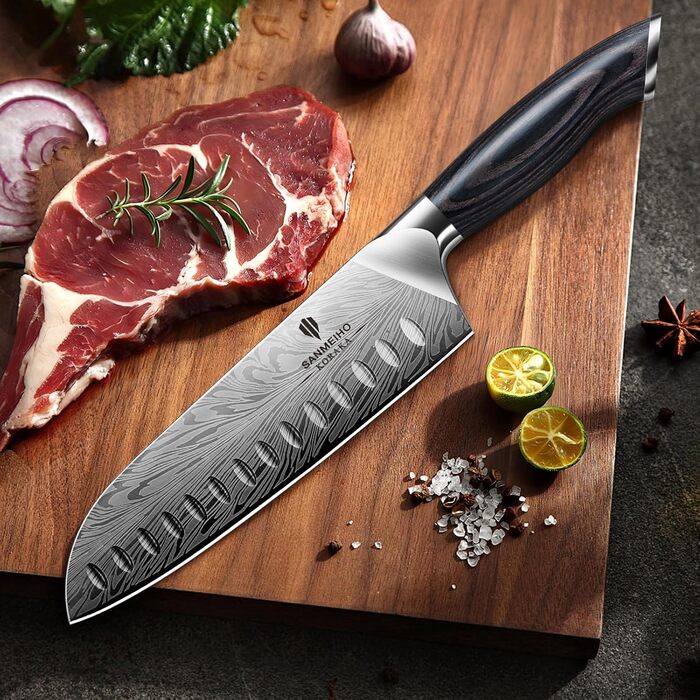 Ніж кухонний SANMEIHO Santoku 18 см з порошкової сталі, професійний шеф-ніж з пакавуд рукояттю