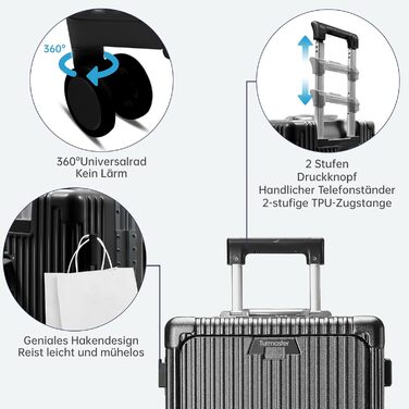 Валіза ручної огляду авіалінії з обертовими колесами, 50 см (20 дюймів), з алюмінієвим каркасом, інтегрованим замком TSA, USB-портом та тримачем для телефону. Білий (Чорний, 61 см (24 дюйми))