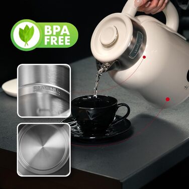 Електричний чайник LEHMANN з регулюванням температури 40-100°C, 1,5L, функцією підігріву, швидким нагріванням, LED-дисплеєм, нержавіючою сталлю, автовимкненням та захистом від перегріву, BPA-free, кремовий