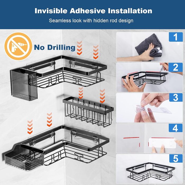 YEAUPE PRO Поличка для душу без свердління в кут – 5-елементний набір для ванної кімнати з 2 кутовими полицями, мильницею, тримачем для зубних щіток та кошиком, самоклеюча поличка на стіну, чорний кутовий кріплення