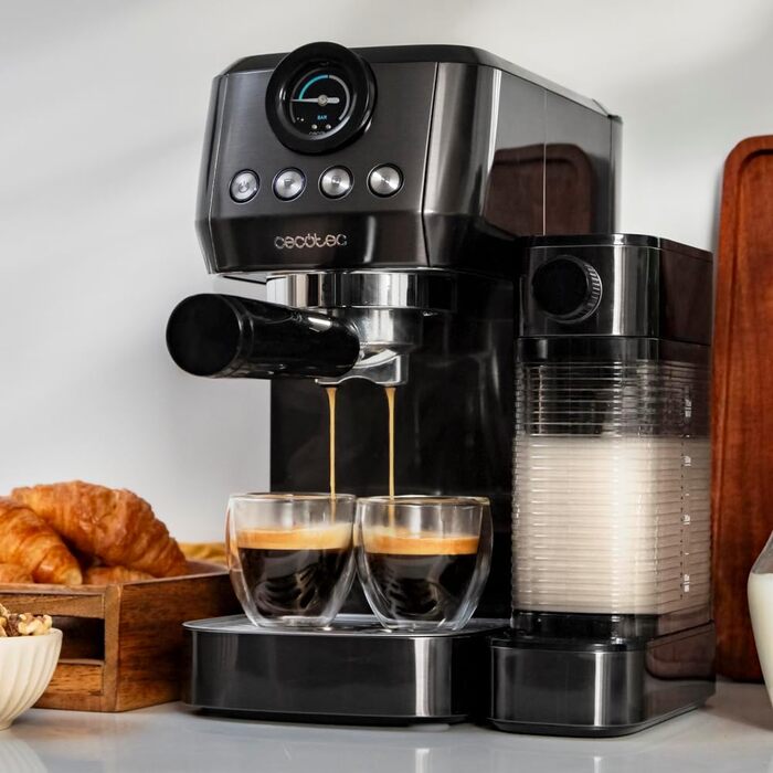 Cecotec Espressomaschine Espresso and Cappuccino Cafelizzia 790 Steel Pro. 1350W, Pressure Gauge, Thermoblock System, 20 Bar Pressure, Automatic Mode for 1-2 coffees, Swivel Steam Wand, 1.2L, Stainless Steel (with Pressure Gauge | Milk Container)