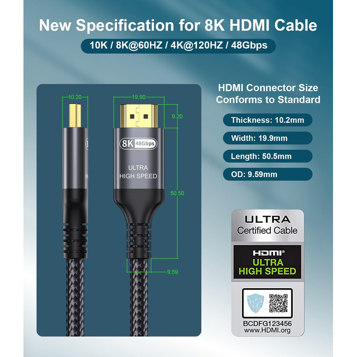 HDMI 2.1 Кабель 0.5м (0.5M) 8K, 48Gbps, Ethernet, CEC, ARC, eARC, HDCP2.3, HDR10+, для ПК, Телевізора, Монітора, Проектора