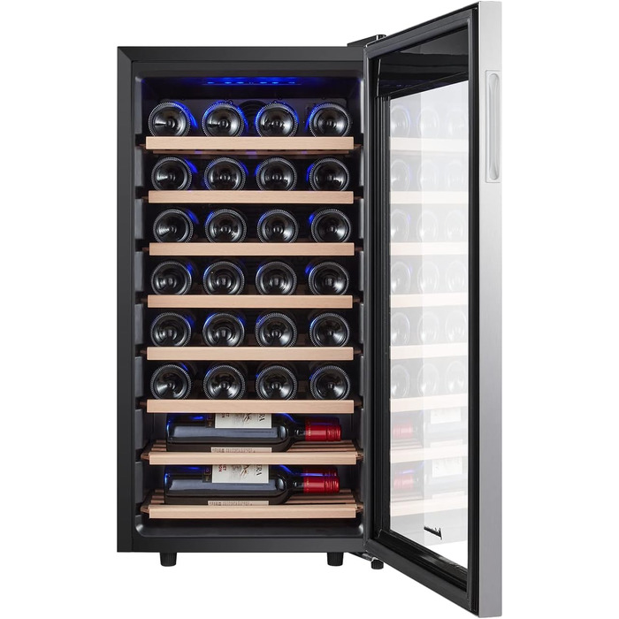 Kalamera 28-Bottle Wine Refrigerator - 86 Liter Capacity, Stainless Steel & Glass Door, 5-18°C Cooling Zone, Removable Wooden Shelves