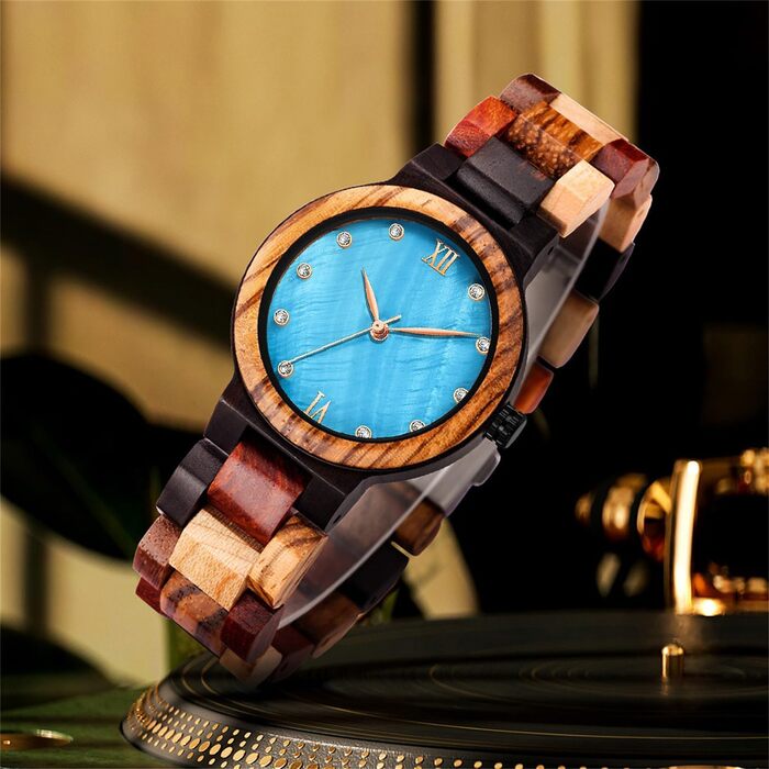 Жіночий дерев'яний годинник Tiong Analog Quartz — Елегантний кварцовий годинник з дерев'яним ремінцем, модель Wq-2025blue