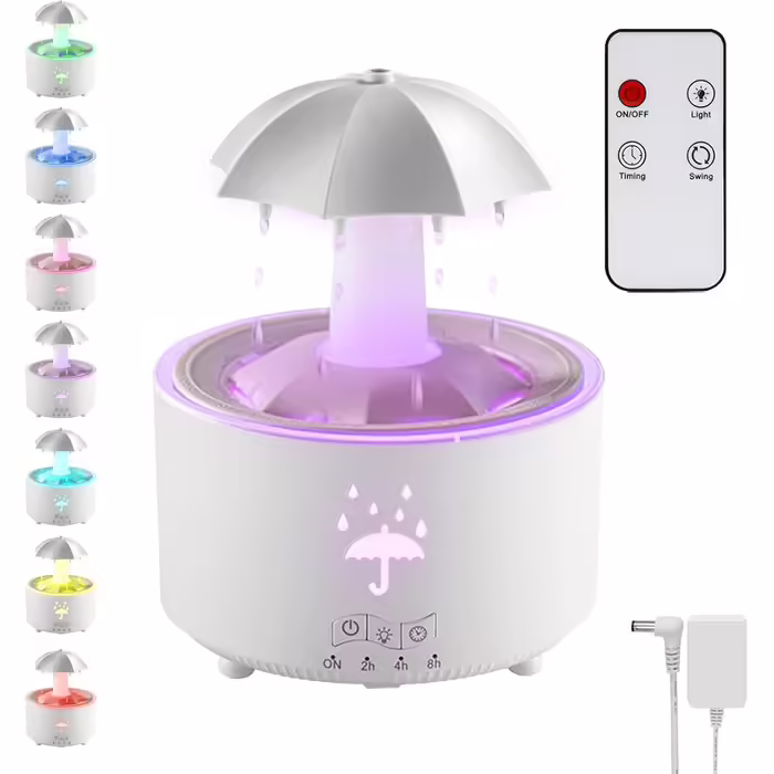 Rainfall Humidifier, Rain Cloud Humidifier, Rain Sounds for Sleeping, Rain Mushroom Lamp with 7 Color Light, Rainfall Humidifier 350ml, Oil Diffuser