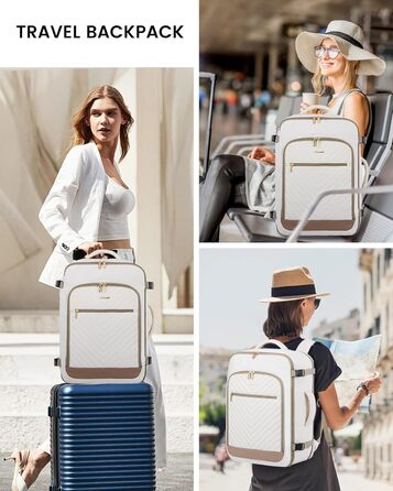 LOVEVOOK Рюкзак для ручної поклажі, 40L, жіночий, для подорожей, великий, водонепроникний, з відділенням для ноутбука 17 дюймів, валіза-рюкзак, для подорожей, роботи, бізнесу, білий, кофейний колір