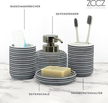 ZCCZ Bathroom Set – 4-Piece Organizer Set with Toothbrush Holder, Soap Dispenser, Cosmetic Bowl, and Cotton Swab Holder – Elegant Stone-Look Decoration, for Modern Bathrooms (Black/White)