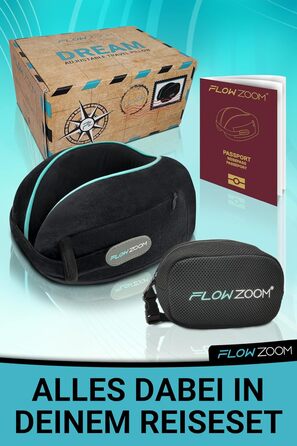 Подушка для шиї FLOWZOOM Comfy для подорожей: регульована, з memory foam, для автомобіля та літака, 360° підтримка, дихаючий чохол, з транспортним мішечком, сіра (Dream - чорна)