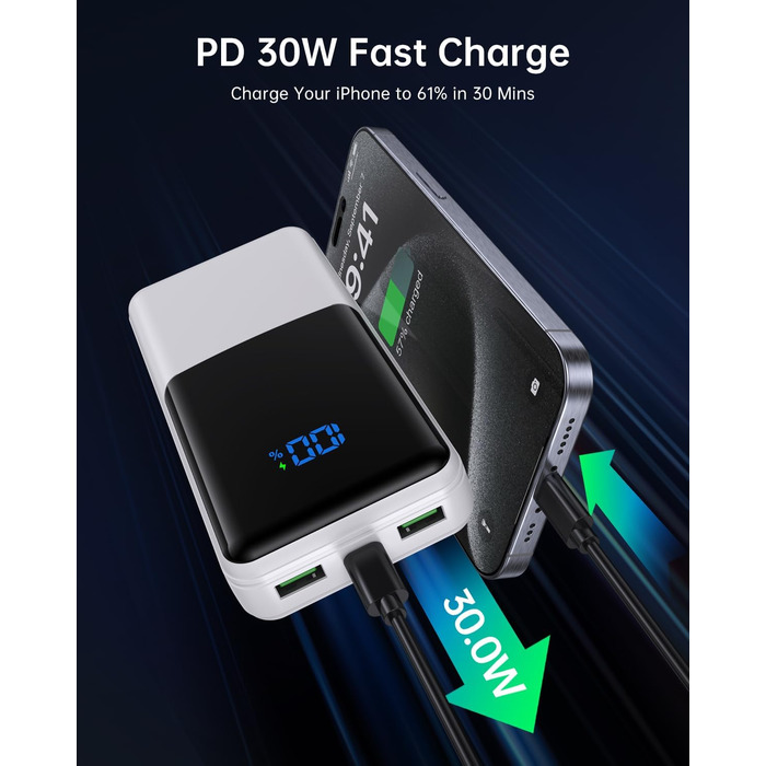 Power Bank Coblob 27000mAh з LED дисплеєм: швидка зарядка 30W USB-C, 3 виходи, 2 входи для смартфонів, планшетів, AirPods та іншого