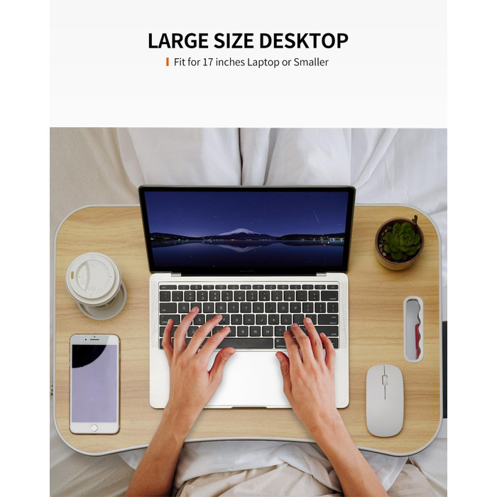 Складаний столик для ноутбука, портативний столик на колінах, приліжковий столик, підставка для ноутбука з тримачем для напоїв та слотом для планшета (Рожевий, Дерево)