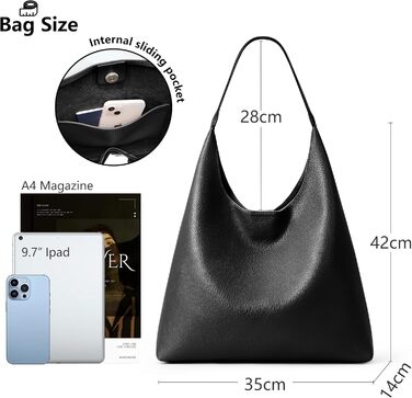 Сумка жіноча KALIDI Shopper Hobo з PU шкіри, чорна, велика для роботи, школи, повсякденна з кнопкою