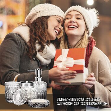 Набір аксесуарів для ванної кімнати 5 предметів: дозатор для мила та лосьйону, склянка для зубних щіток, стаканчик, мильничка, органайзер зі скла - сучасний дизайн для ванної, кухні, косметичного столика, декор (прозорий/чорний)