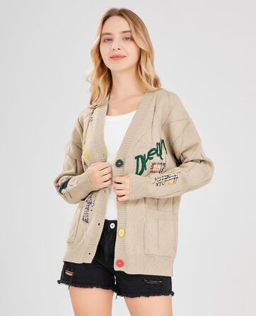 В'язаний кардиган Daen з косами, довгі рукави, відкрита передня частина, V-подібний виріз, ґудзикова застібка, вишивка, вовняна суміш, Пуловер, Куртка, Одяг для активного відпочинку (XXL, Хакі)