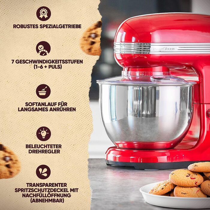 Планетарний міксер ProfiCook PC KM 1197 для випічки та замішування тіста, 1200 Вт, чаша 5 л, ретро-дизайн, червоний