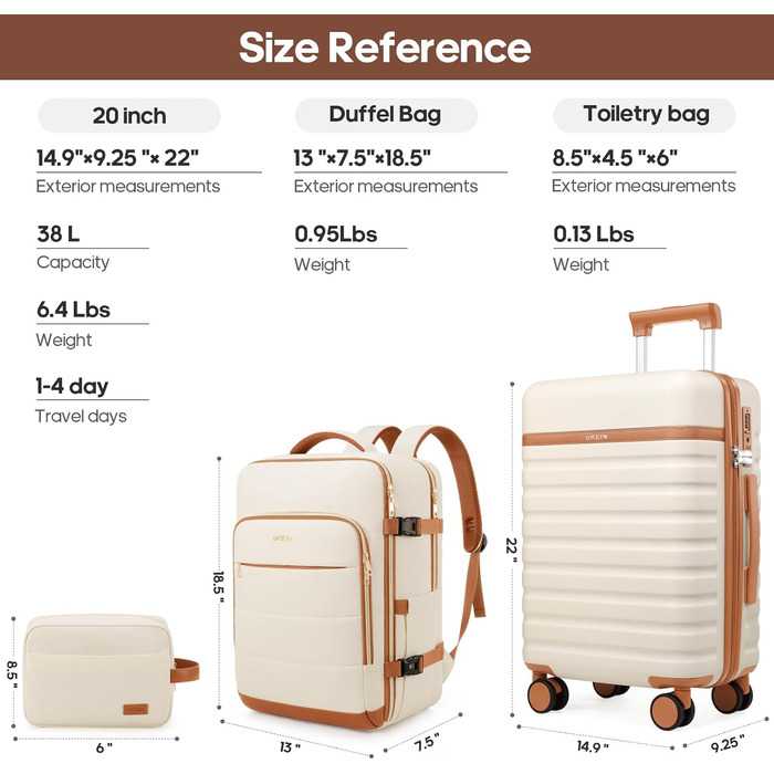 Набір валіз UKEIN 3 шт. з жорсткою PC оболонкою: велика, середня, маленька. Зручний набір валіз для подорожей з TSA замком, спіннерами та рюкзаком для ноутбука. В комплекті: валіза, рюкзак, кульок. Колір: кремовий.