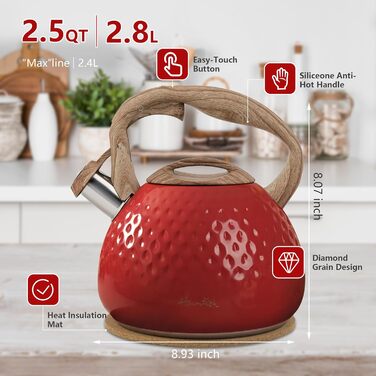 Чайник Harriet Teekessel для плити, 2,5 л, з флейтою, 5-шаровий, з нержавіючої сталі, з термостійким ручками, для газових та електричних плит, червоний, блискучий