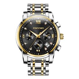 Годинник чоловічий PINDOWS Luxus Quarz з датою, великим циферблатом, водостійкий, модний, бізнес-стиль. Елегантний двоколірний годинник з нержавіючої сталі з підсвічуванням та календарем (De651n2: срібляне браслет, чорний циферблат)