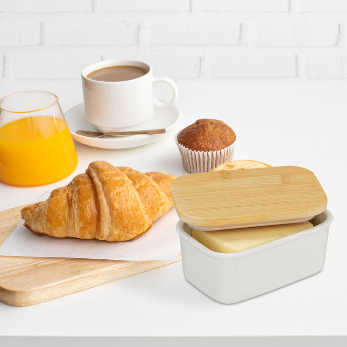 Relaxdays Butter Dish Ceramic & Bamboo