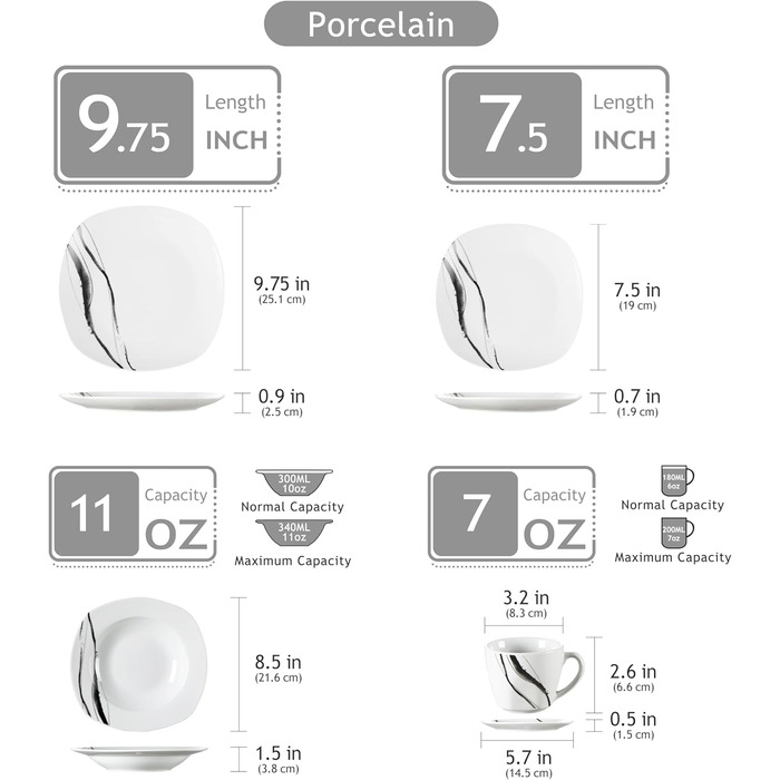 Набір посуду VEWEET FIONA (30 предметів): тарілки та миски для 4 осіб, чорно-сі лінії, для вечері, безпечний у мікрохвильовці та посудомийній машині