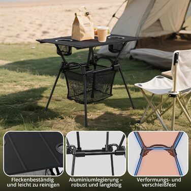 FUNYKICH Складаний туристичний стіл для кемпінгу 82 x 40 см, регулювання висоти (44/70 см), легка збірка, портативний стіл з сітчастою кишенею, алюмінієва розкладна стільниця для барбекю, кемпінгу, вечірки, саду (тканинна стільниця - 59 x 43 x 51 см)
