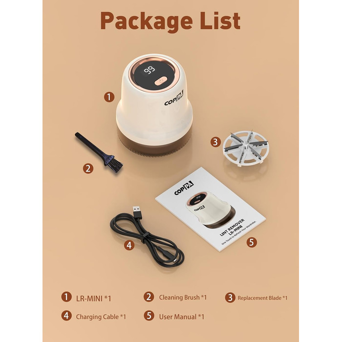 Електричний видальник ворсу для одягу та меблів COPPA, 6 лез, 3 швидкості, з індикатором заряду акумулятора